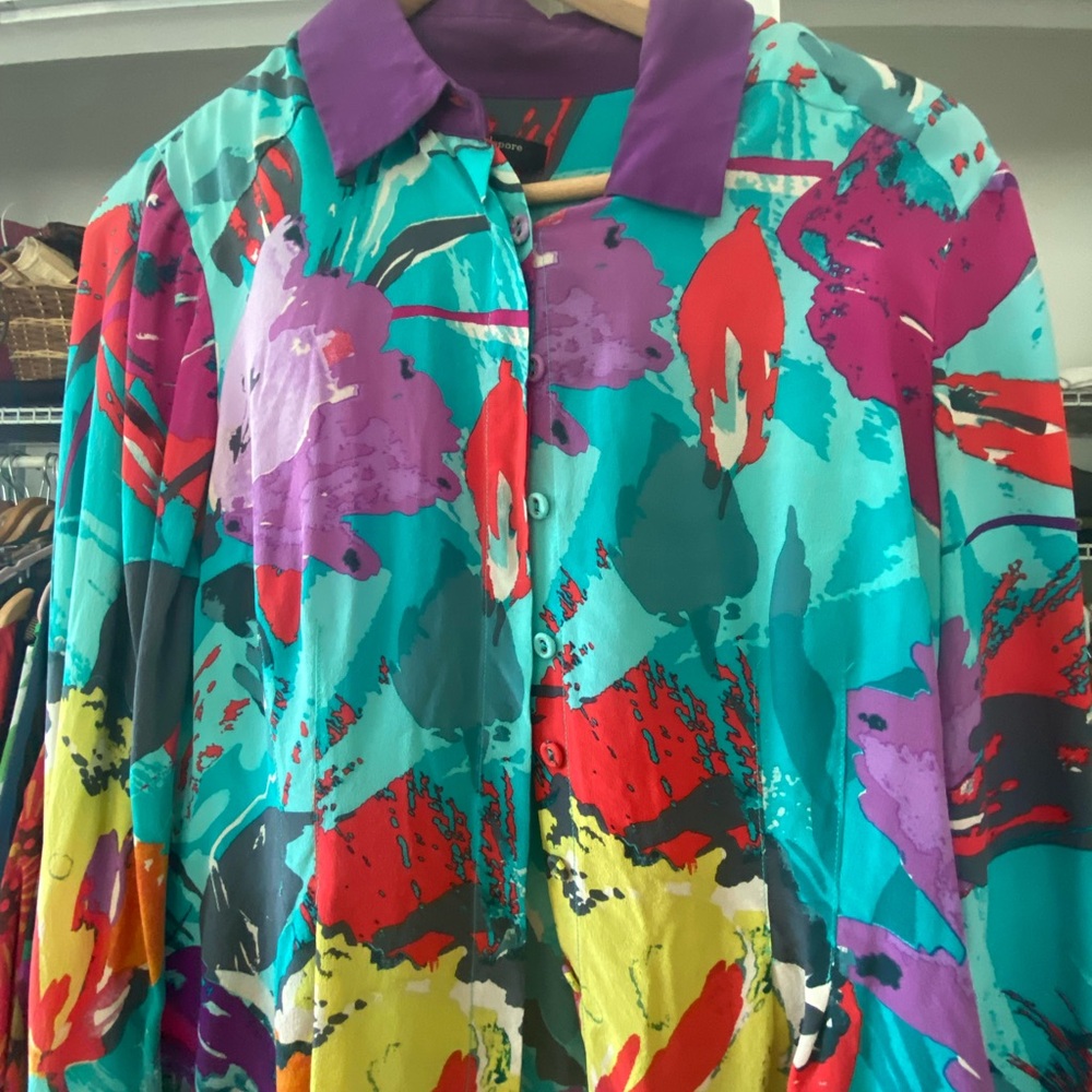 Used Nanette Lepore Aqua Floral Silk Peplum Blouse 10